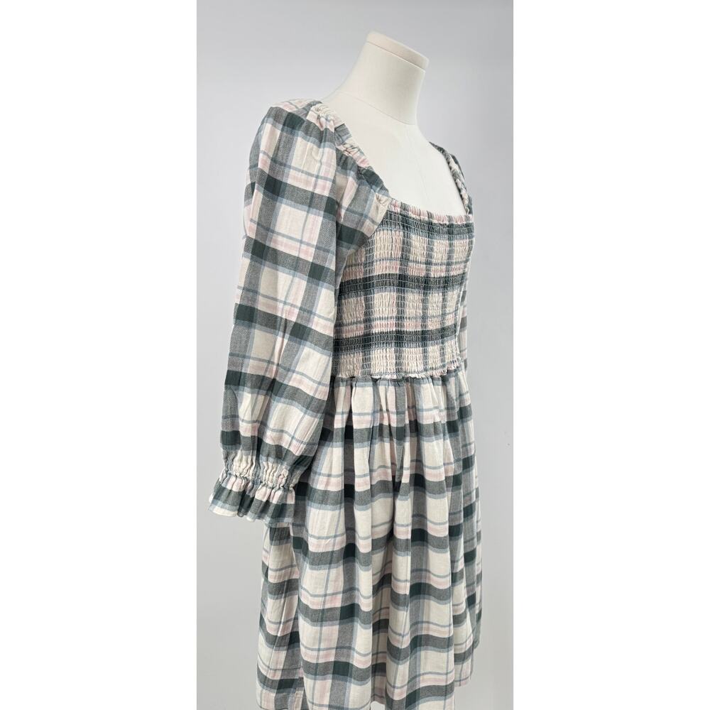 Madewell Lucie Flannel Smocked Mini Dress Cream Blue Plaid Peasant M NWT - Picture 3 of 10